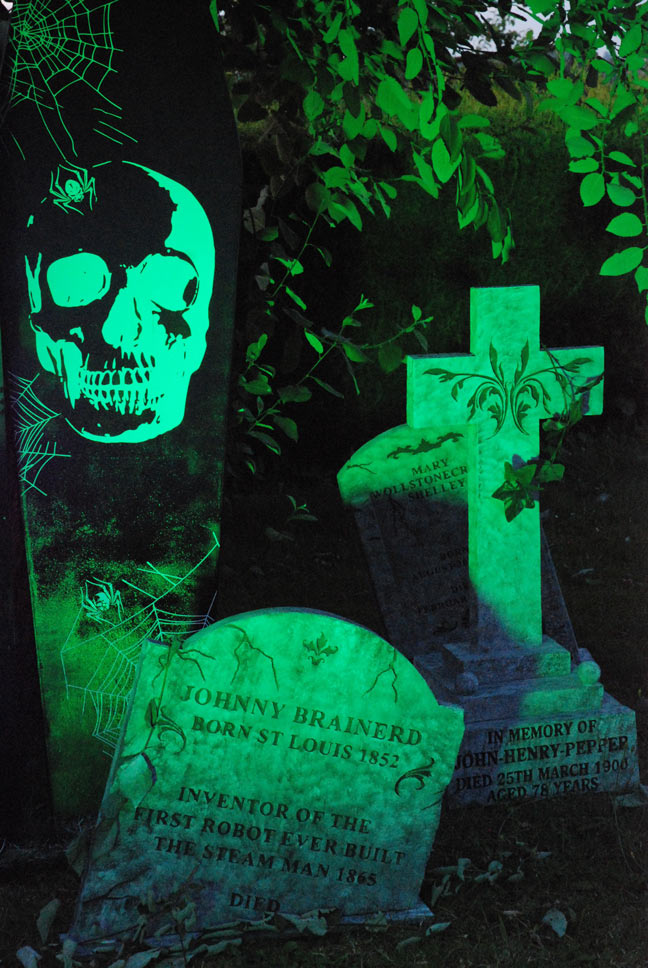 Graveyard props for Halloween by artist Jane Webb