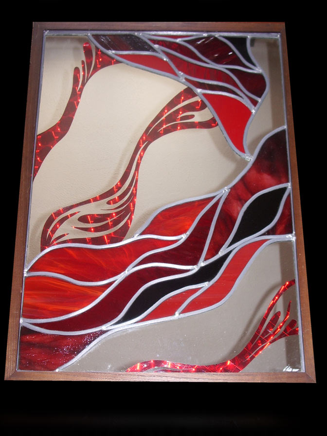 red and mirror stained glass wall art panel